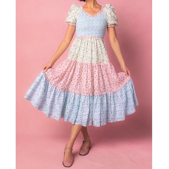 Ivy City Co Emily Patchwork Smocked Shirred Puff Sleeve Tiered Midi Dress Large - Picture 4 of 8